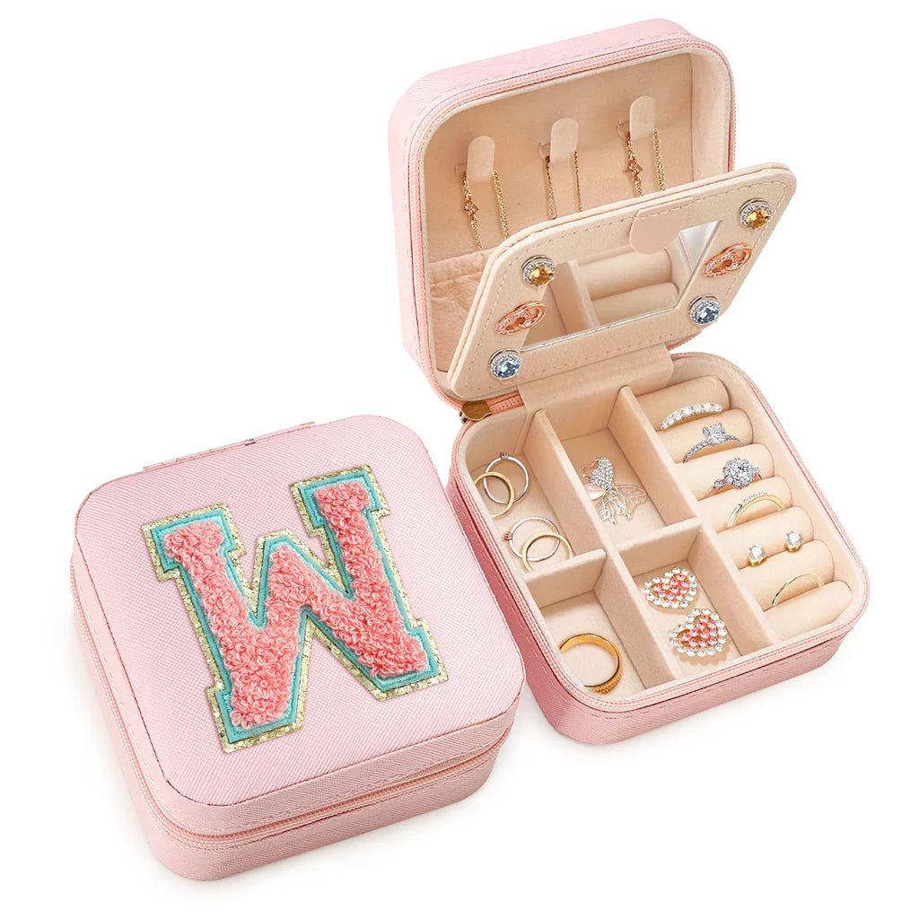 Pink Monogram Square Leather Travel Jewelry Case 4-Layer Sewing
