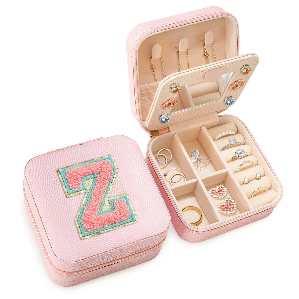 Pink Monogram Square Leather Travel Jewelry Case 4-Layer Sewing