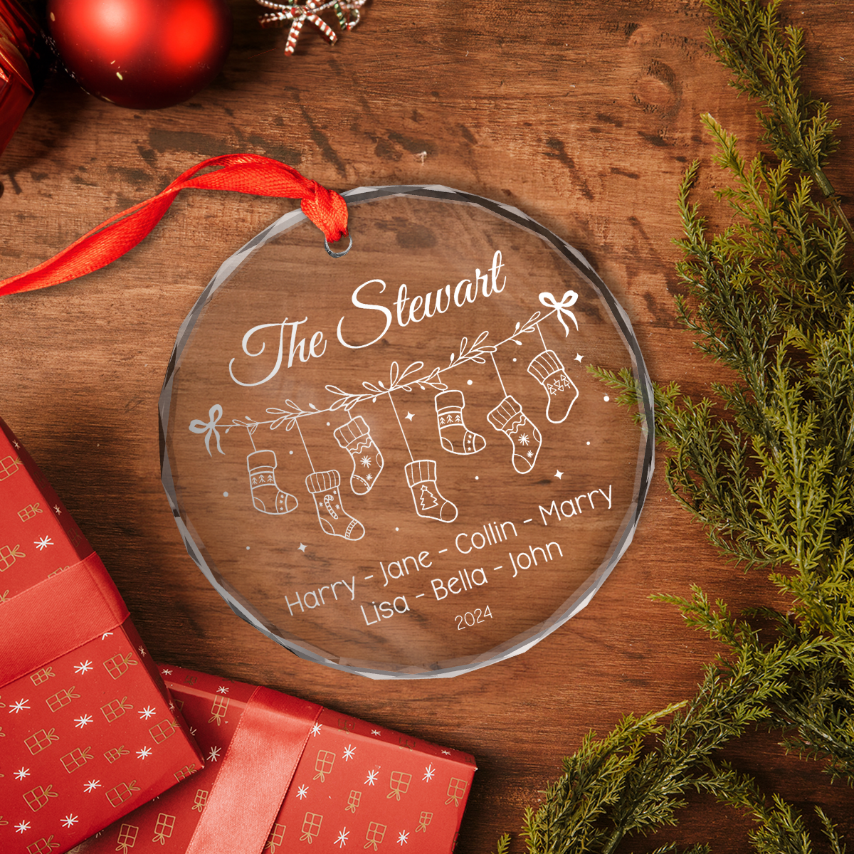Personalized Family Ornament Crystal Glass, Christmas Hanging Tree Keepsake Gifts for Family, Men Women, Housewarming
