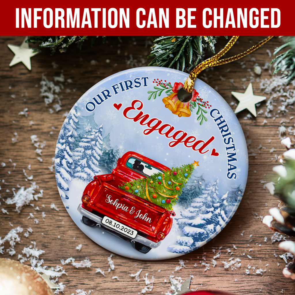 Personalized First Christmas Engaged Ornament 2023 Engagement Keepsake Gifts for Couples Wedding Bridal Shower Hanging Ceramic Ornaments Xmas Tree Decor Newlywed Gifts for Couple