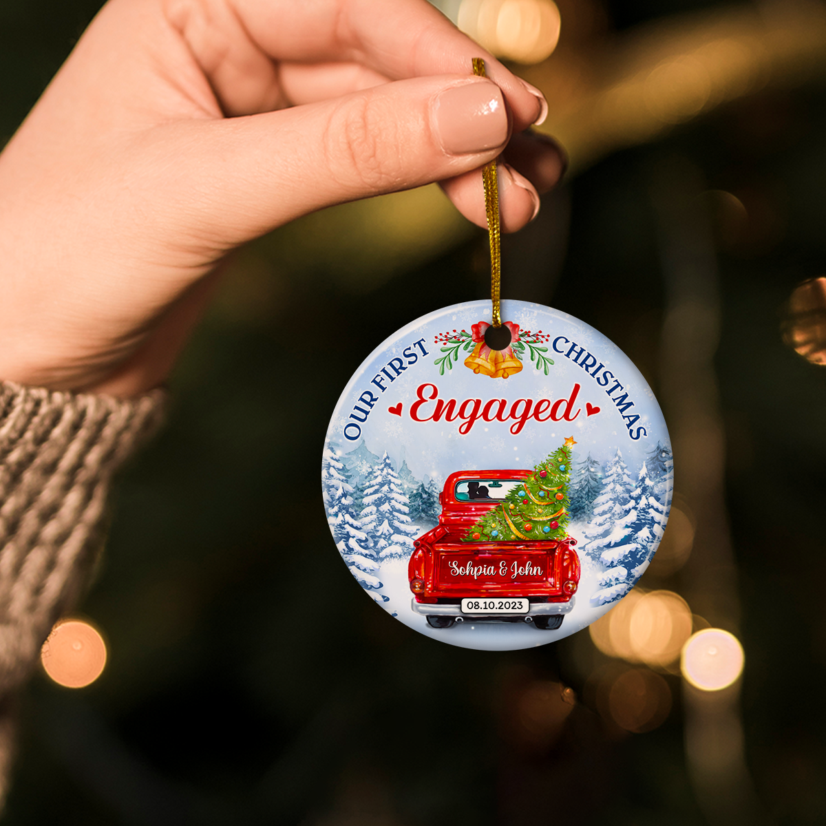 Personalized First Christmas Engaged Ornament 2023 Engagement Keepsake Gifts for Couples Wedding Bridal Shower Hanging Ceramic Ornaments Xmas Tree Decor Newlywed Gifts for Couple