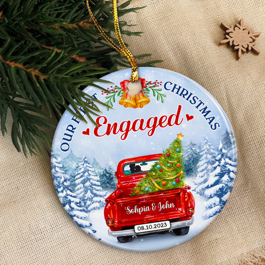 Personalized First Christmas Engaged Ornament 2023 Engagement Keepsake Gifts for Couples Wedding Bridal Shower Hanging Ceramic Ornaments Xmas Tree Decor Newlywed Gifts for Couple