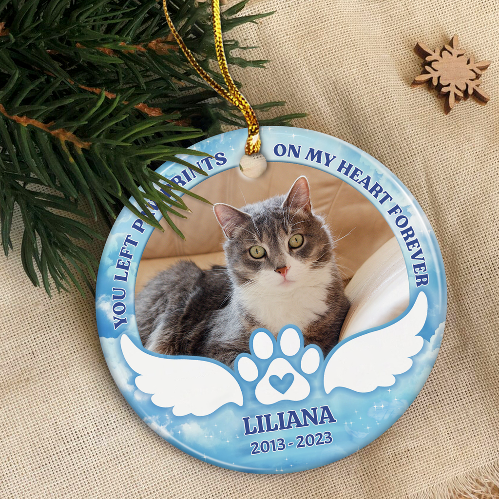 Personalized Pet Memorial Ornament - You Left Paw Prints On My Heart Christmas Ceramic Ornaments with Photo Picture - Sympathy Remembrance Keepsake Gift for Loss of Cat Dog Pets