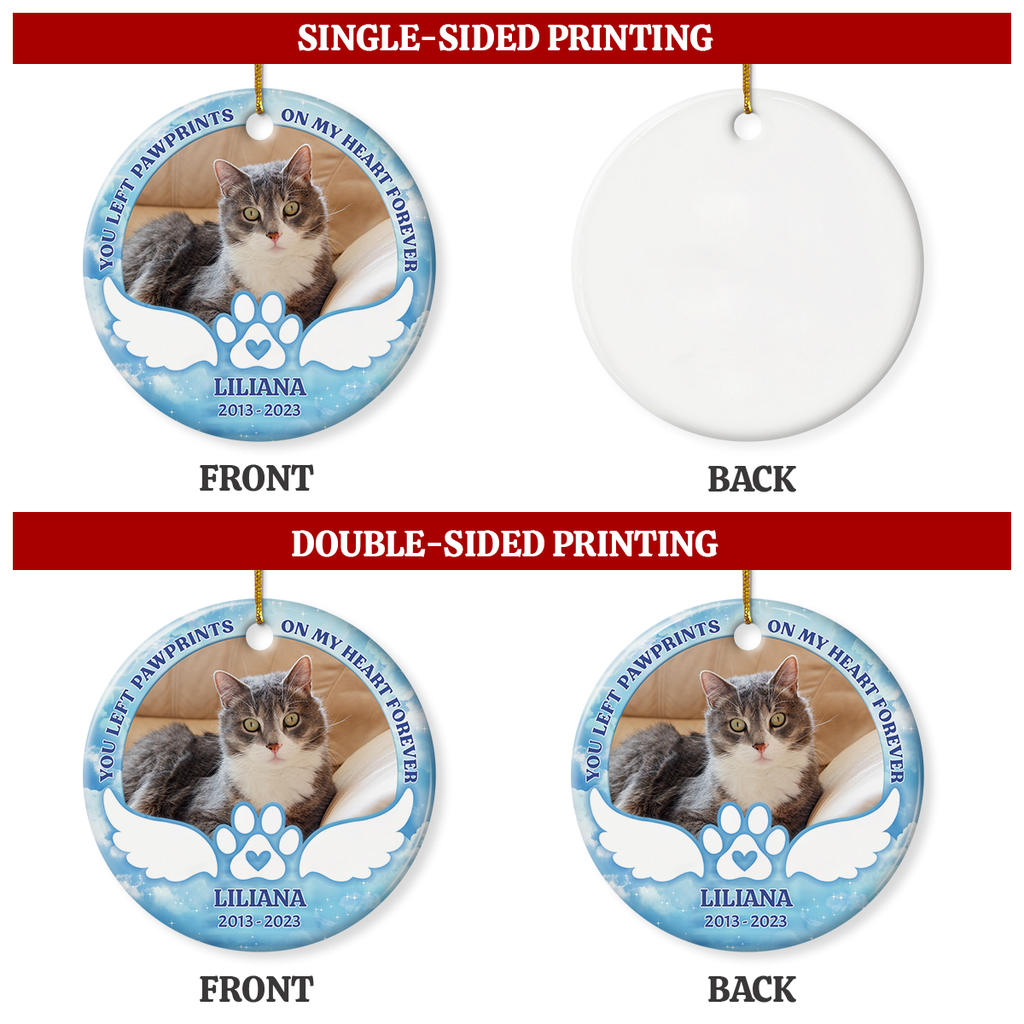 Personalized Pet Memorial Ornament - You Left Paw Prints On My Heart Christmas Ceramic Ornaments with Photo Picture - Sympathy Remembrance Keepsake Gift for Loss of Cat Dog Pets