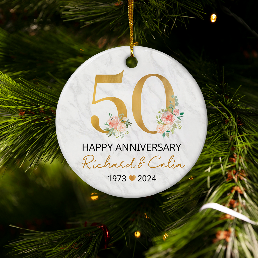 Personalized 50th Wedding Anniversary Ornament - 50th Anniversary Ceramic Christmas Ornaments - Wedding Anniversary Keepsakes Gifts Ideas for Couple Parents Xmas Tree Decorations