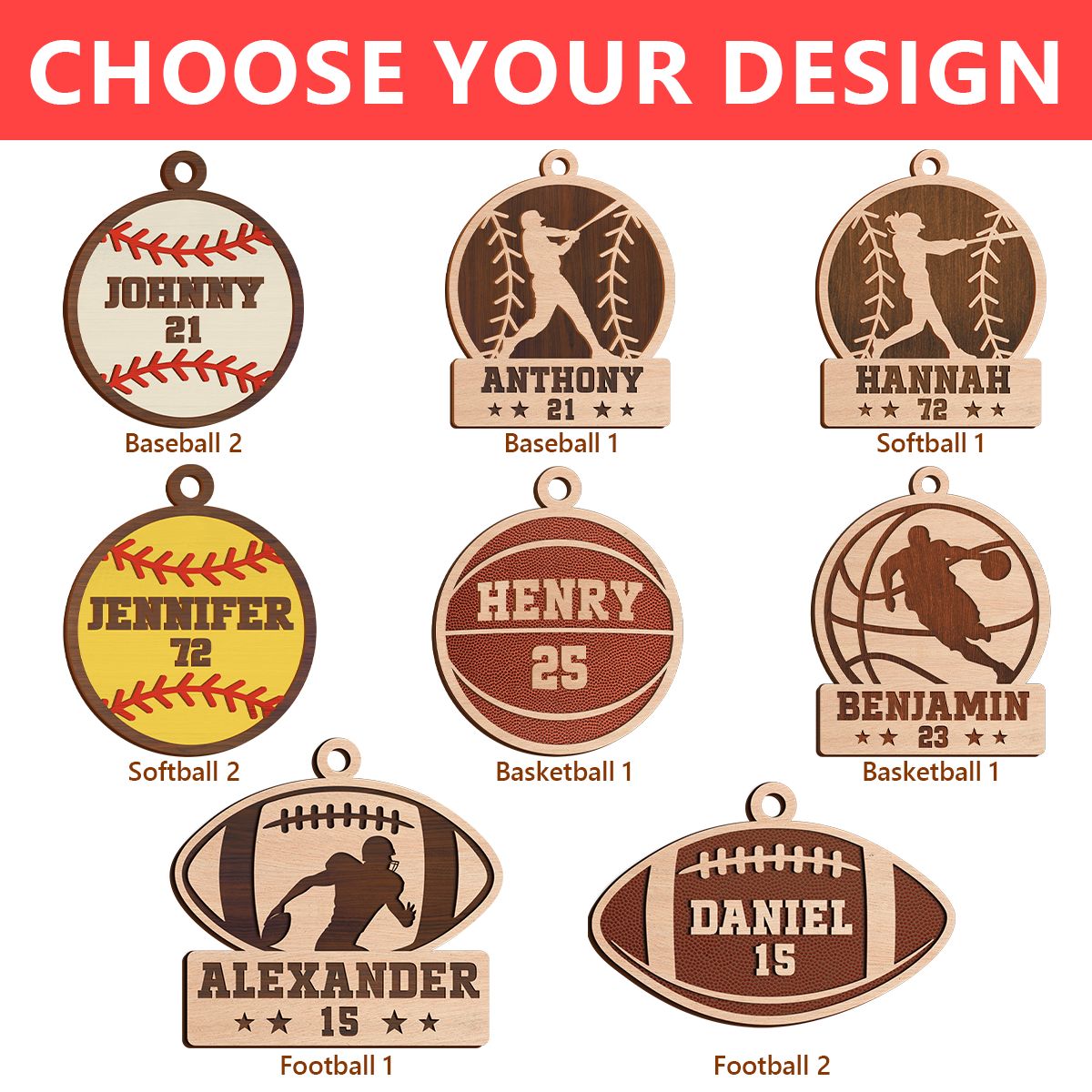 Personalized Christmas Ornament for Sports Players - 2 Layered Wooden Design, Gifts for Baseball, Softball, Basketball, Football Lovers, Men Women Boys Girls