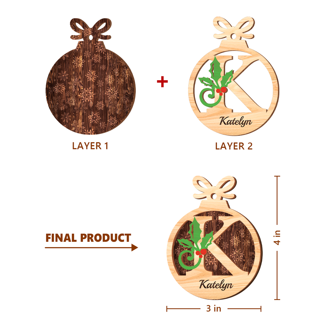 Personalized Christmas Ornament Initial with Name - 2 Layered Wooden Design, Custom Monogram Ornament, Christmas Hanging Decor Gifts for Women Boys Girls
