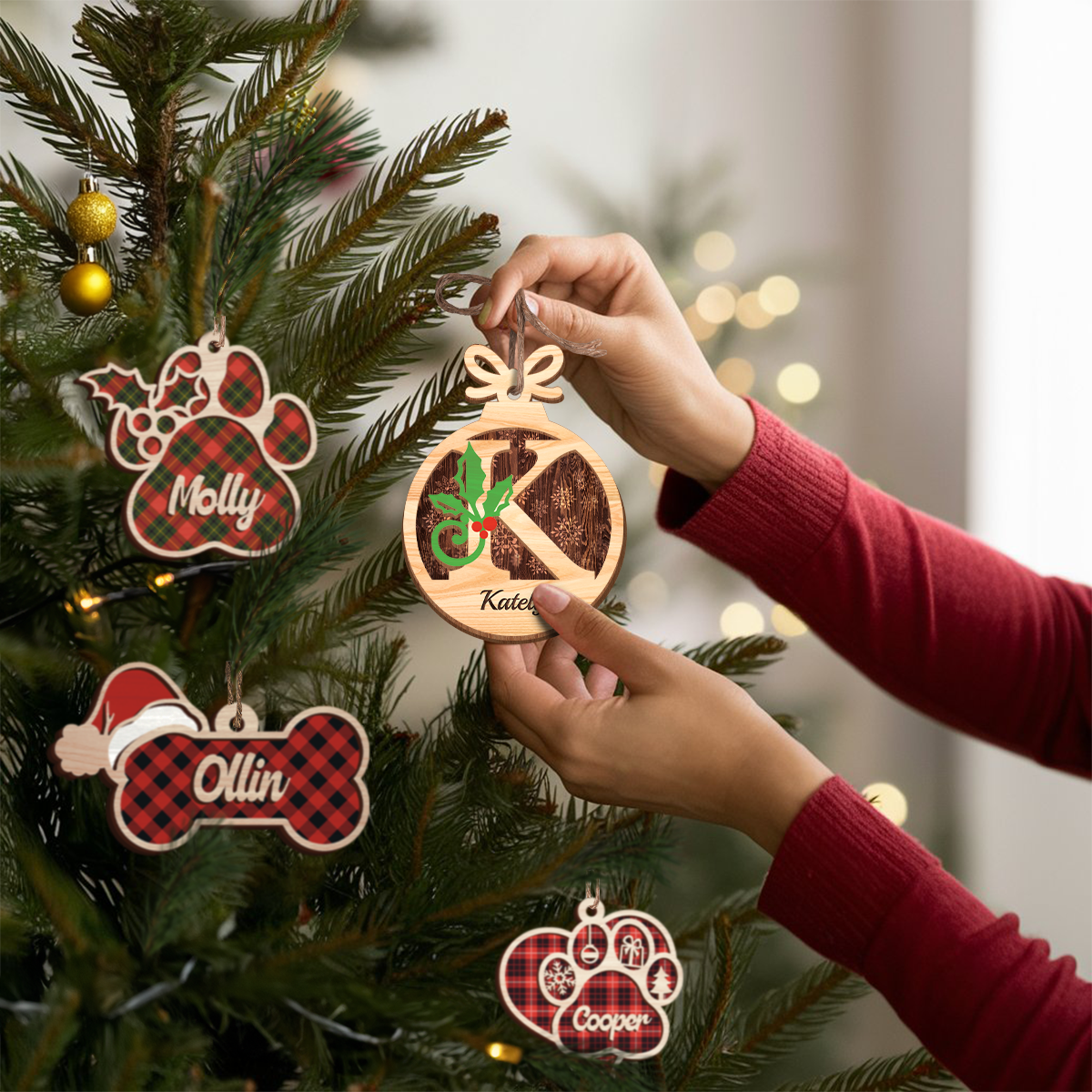 Personalized Christmas Ornament Initial with Name - 2 Layered Wooden Design, Custom Monogram Ornament, Christmas Hanging Decor Gifts for Women Boys Girls