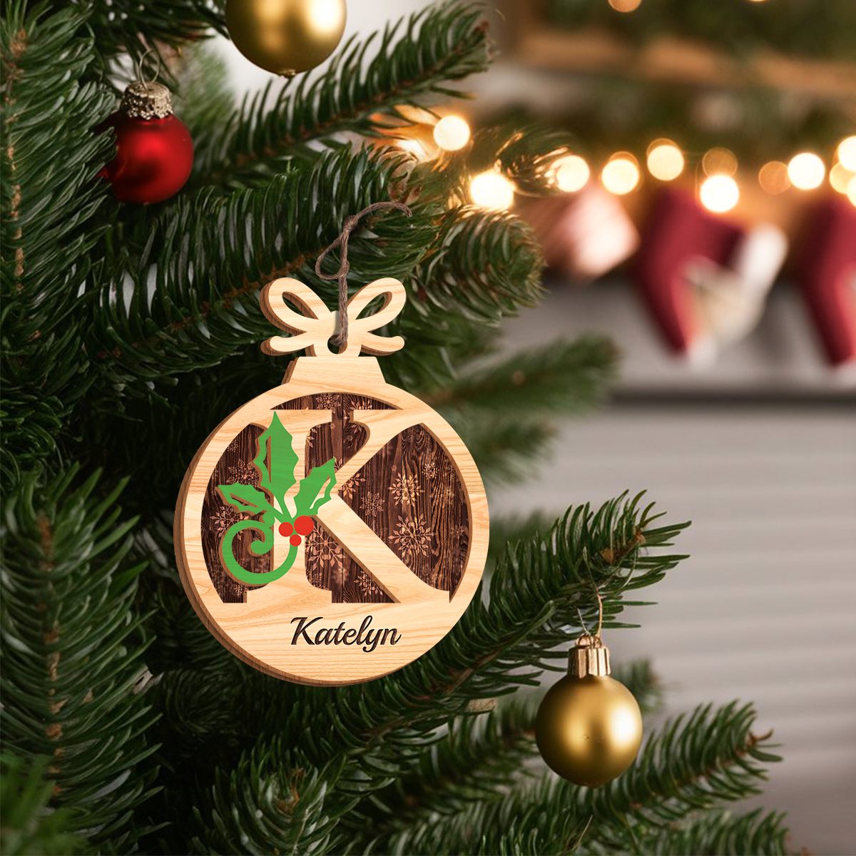 Personalized Christmas Ornament Initial with Name - 2 Layered Wooden Design, Custom Monogram Ornament, Christmas Hanging Decor Gifts for Women Boys Girls