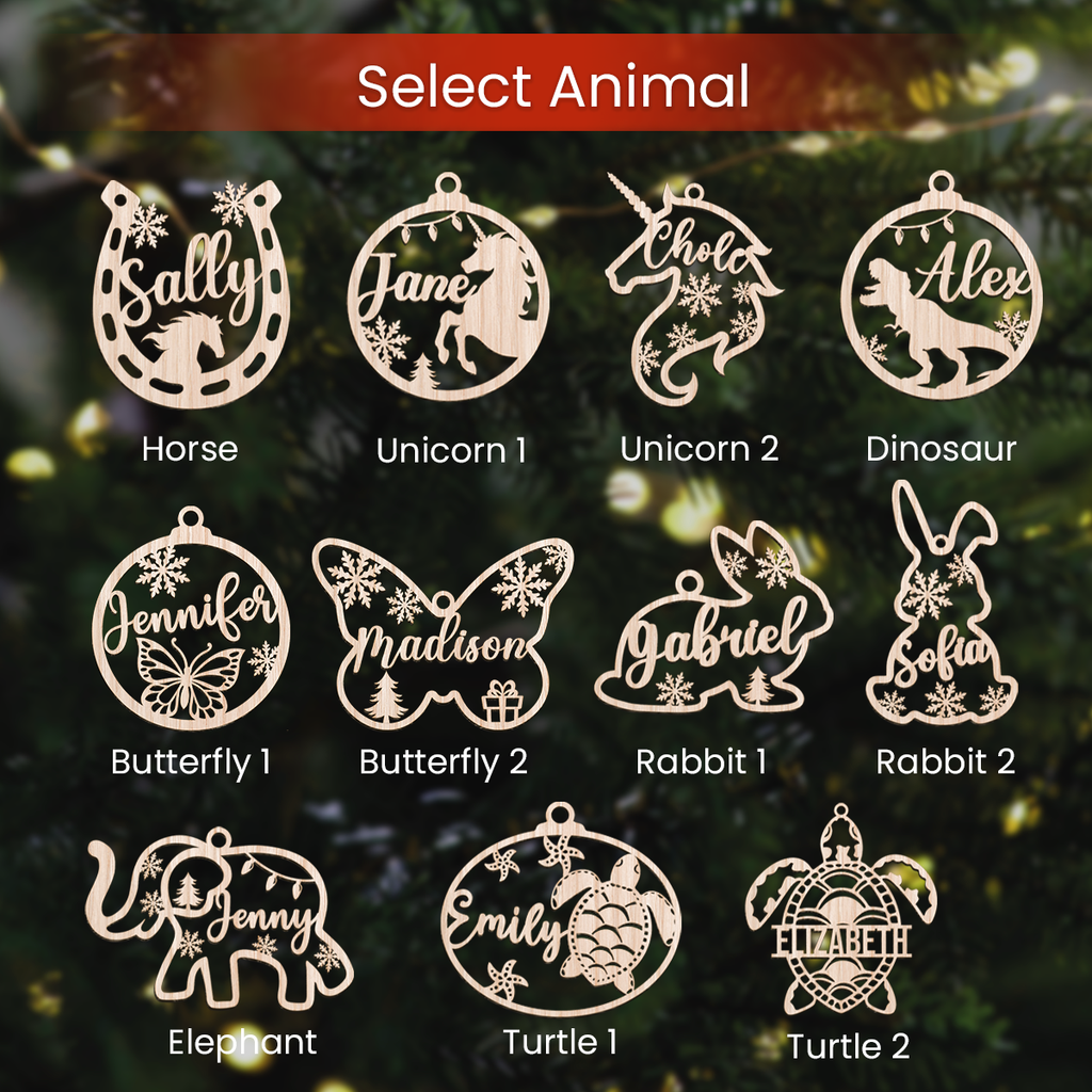 Personalized Animals Christmas Ornament - Custom Name Cut-out Wooden Ornament, Gift for Horse Rabbit Butterfly Unicorn Dinosaur Turtle Elephant Lovers