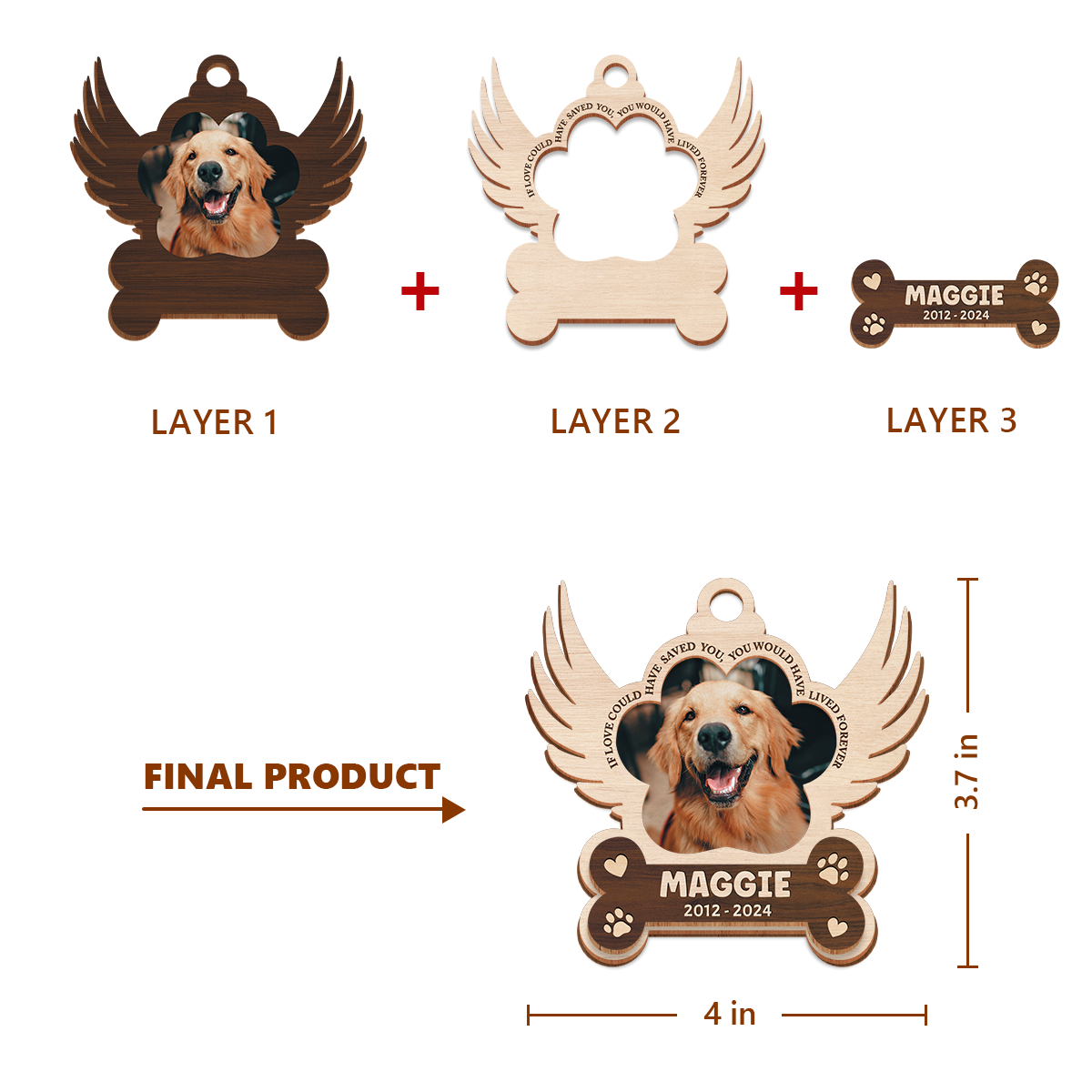 Personalized Pet Memorial Ornament, Dog Memorial 3 Layered Wooden Ornament, Sympathy Gifts Christmas Ornaments for Dog Lovers