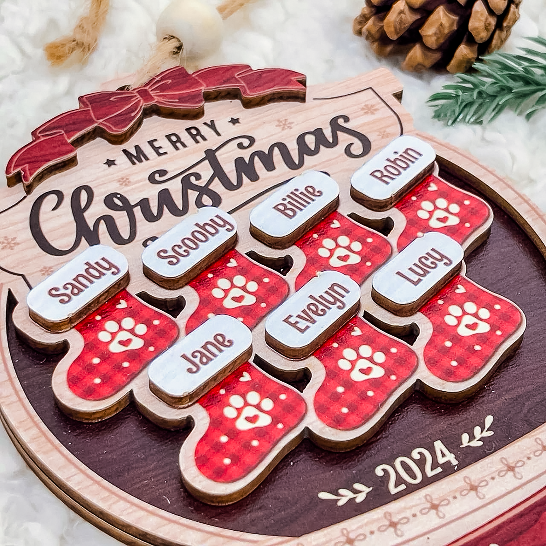Personalized Family Ornament - Customized Name 3 Layered Wooden Ornament, Christmas Hanging Decor, Keepsake Gifts Ideas for Friends Men Women