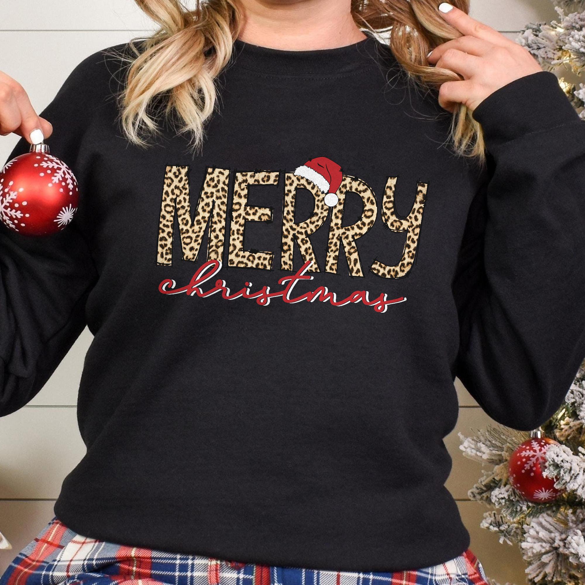 Sandjest Merry Christmas Crewneck Sweatshirt Leopard Style Christmas Family Shirt Holiday Gift for Women Girl