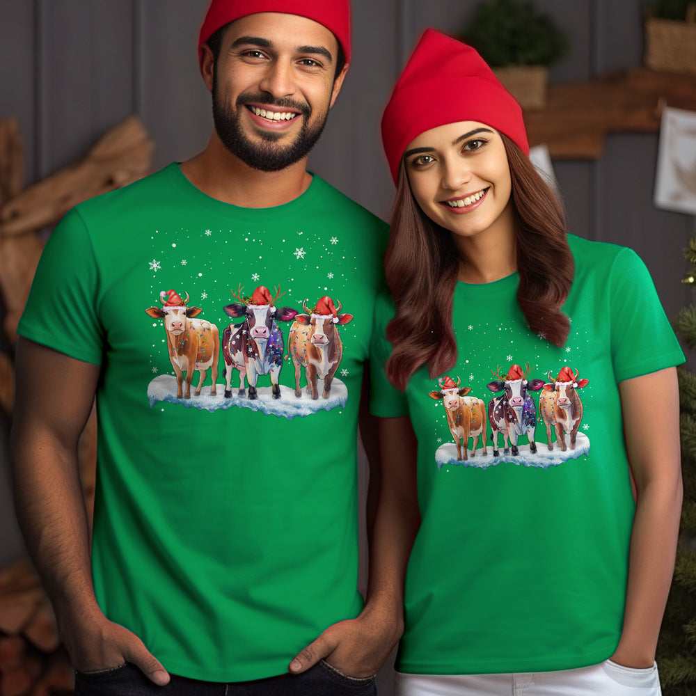 Personalized Christmas T-Shirt With A Cow Wearing A Hat