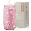 Pink Bow GlassGlow | Glass Tumbler with Acrylic Lid 16oz