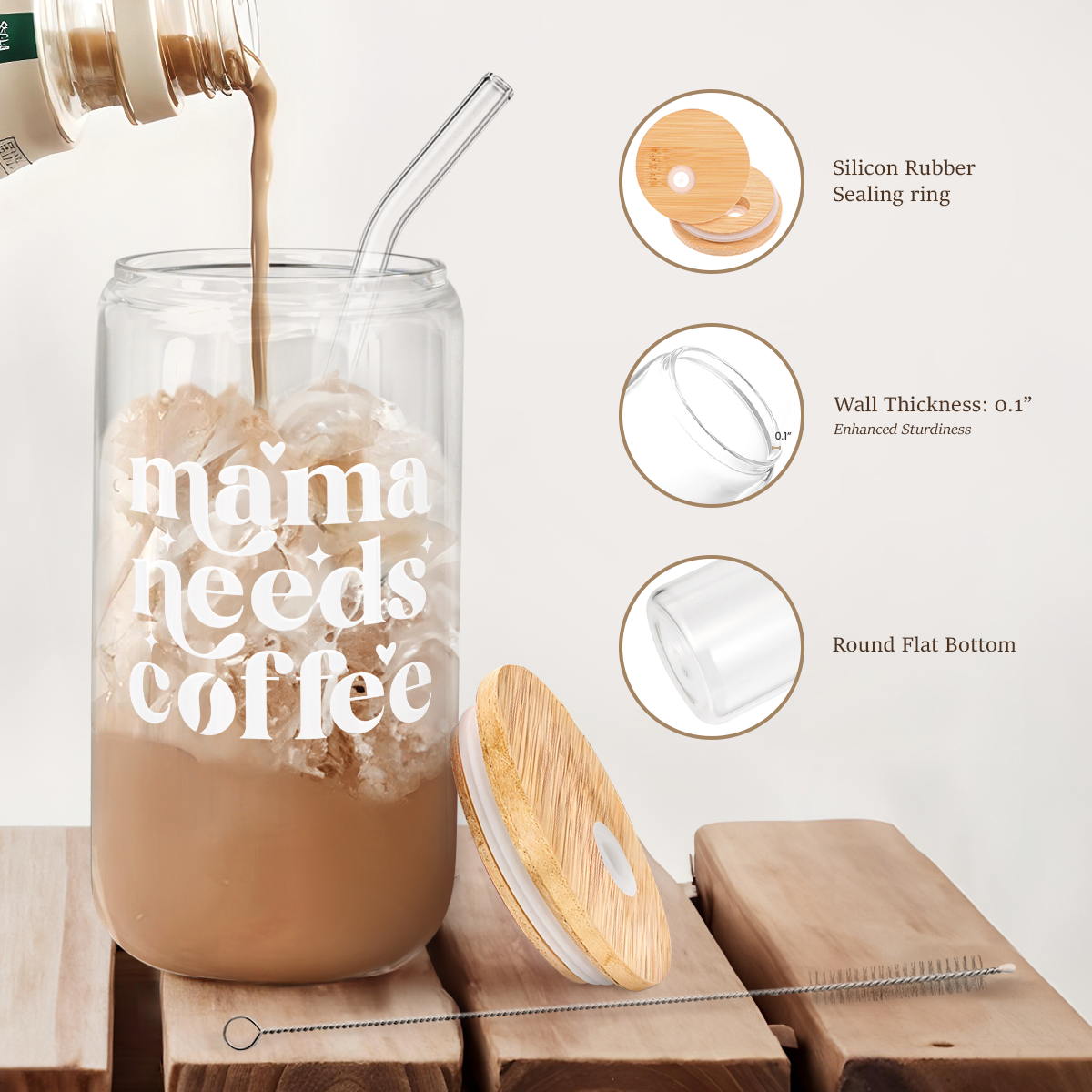 Mama Coffee GlassGlow | Glass Tumbler with Bamboo Lid 16oz