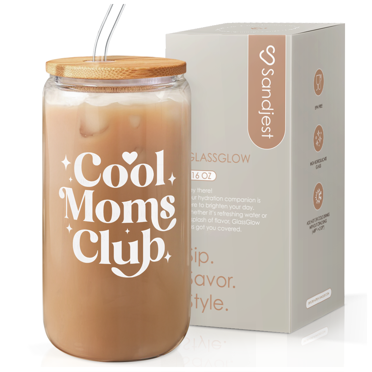 Cool Mom Club GlassGlow | Glass Tumbler with Bamboo Lid 16oz