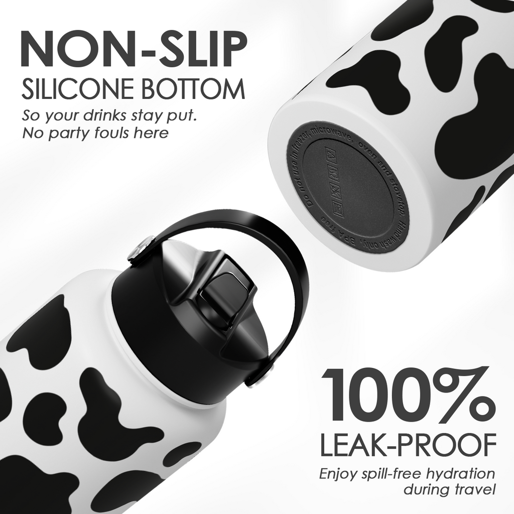 Black Cow Print SipChic | Straw Lid Water Bottle 32oz