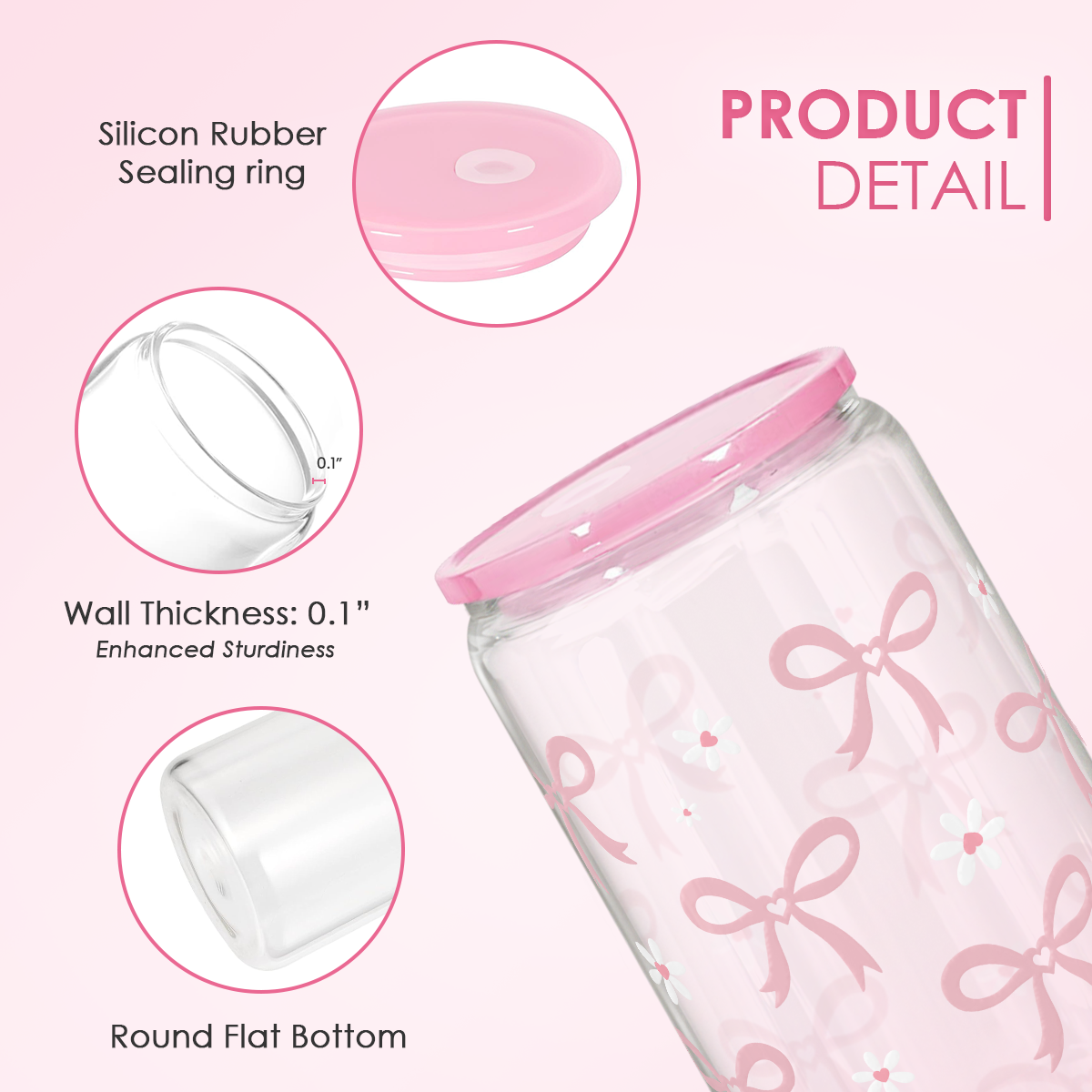 Pink Bow GlassGlow | Glass Tumbler with Acrylic Lid 16oz