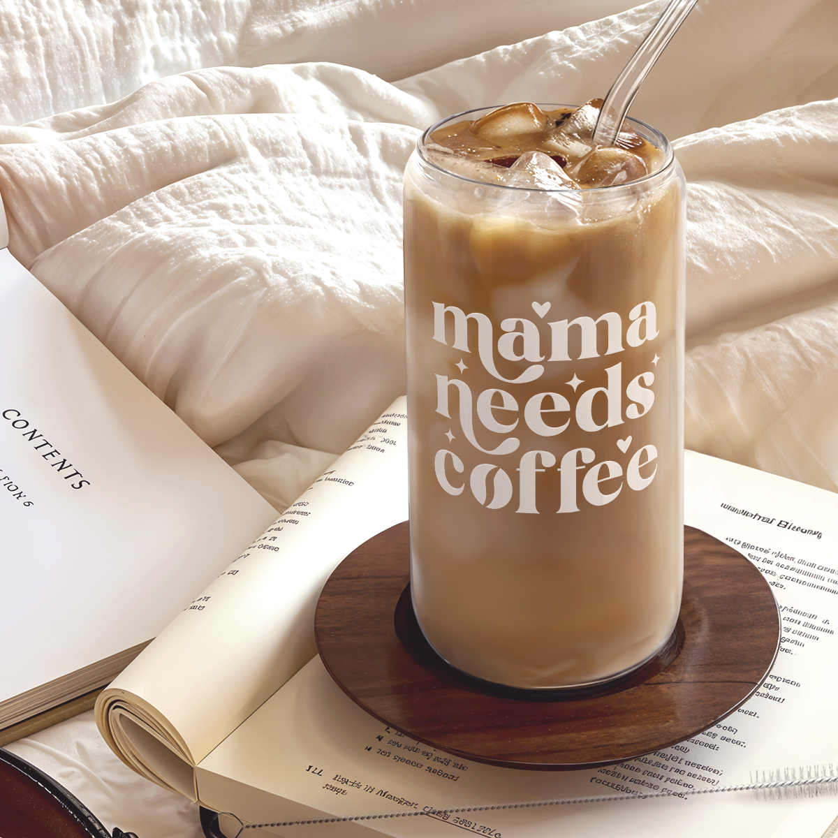 Mama Coffee GlassGlow | Glass Tumbler with Bamboo Lid 16oz