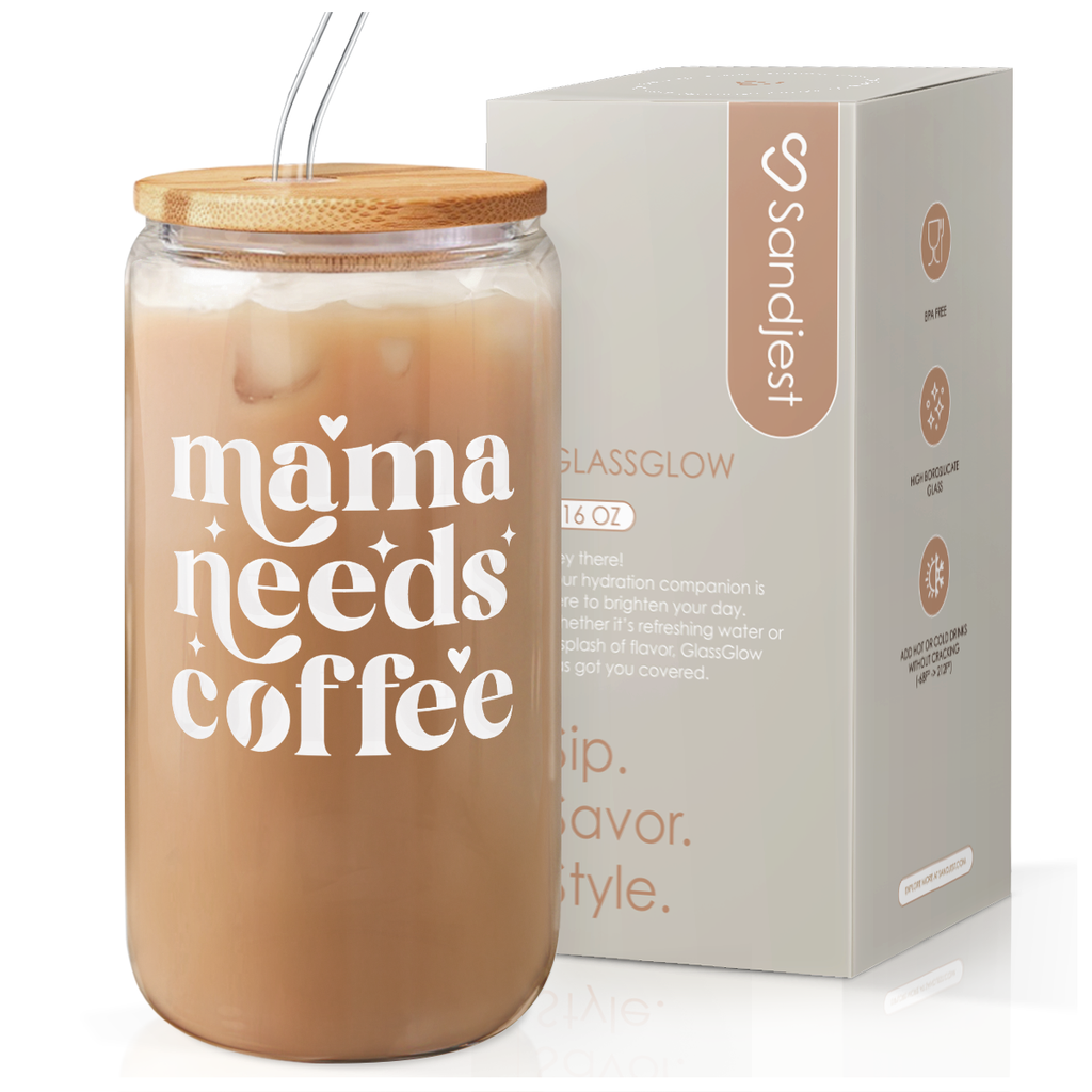 Mama Coffee GlassGlow | Glass Tumbler with Bamboo Lid 16oz