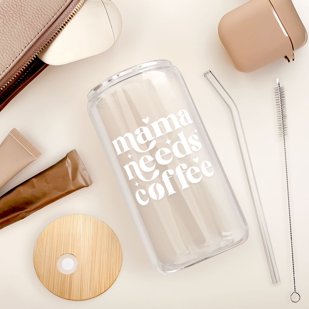 Mama Coffee GlassGlow | Glass Tumbler with Bamboo Lid 16oz