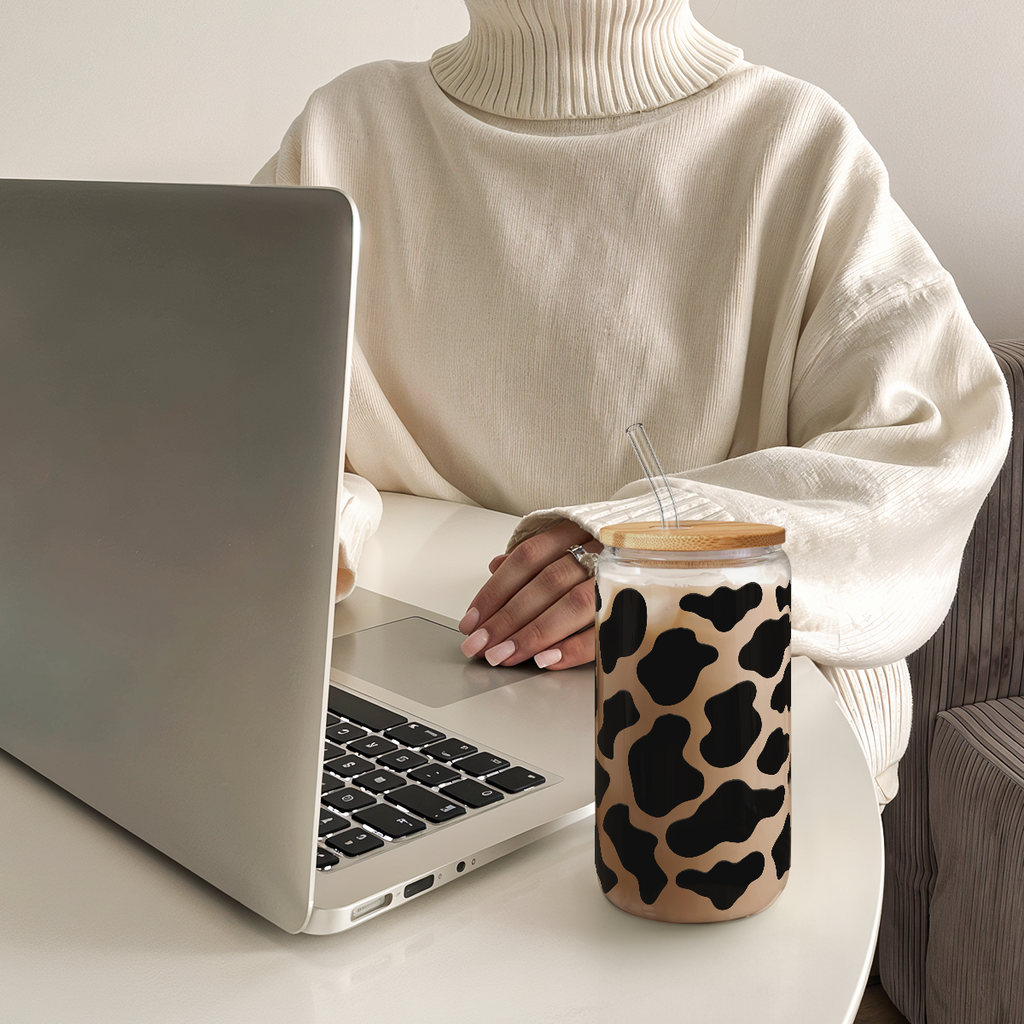 Black Cow Skin GlassGlow | Glass Tumbler with Bamboo Lid 16oz