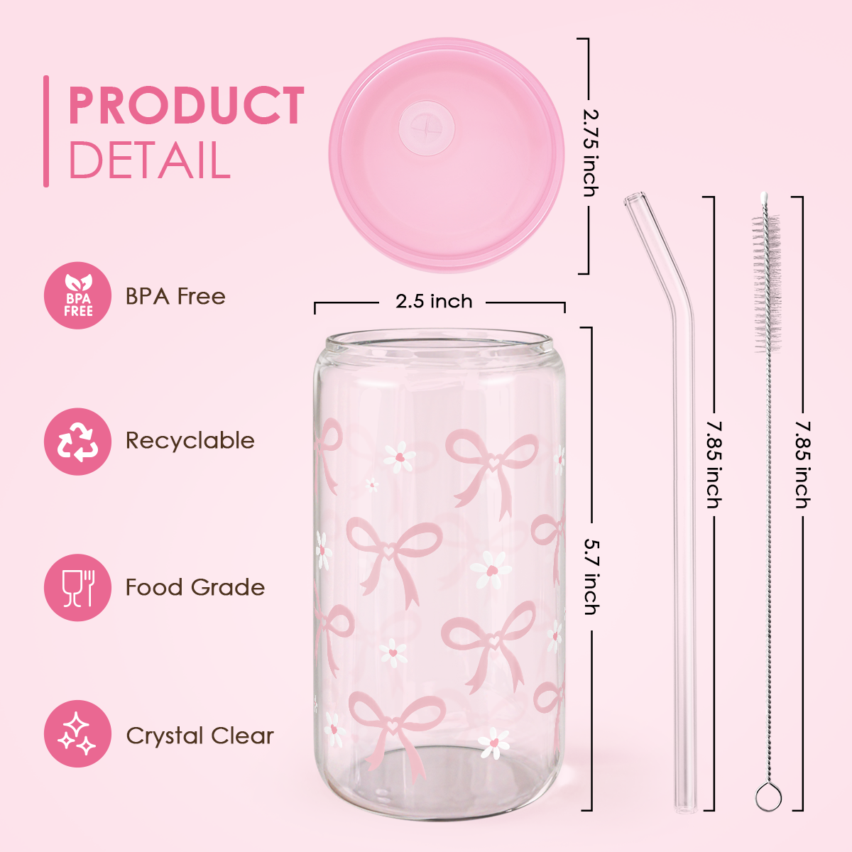 Pink Bow GlassGlow | Glass Tumbler with Acrylic Lid 16oz