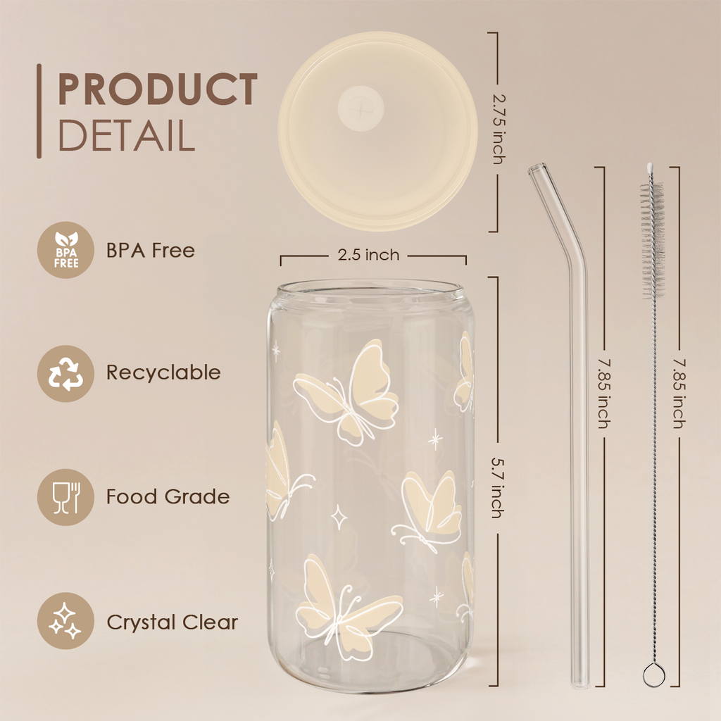 Butterfly GlassGlow | Glass Tumbler with Acrylic Lid 16oz