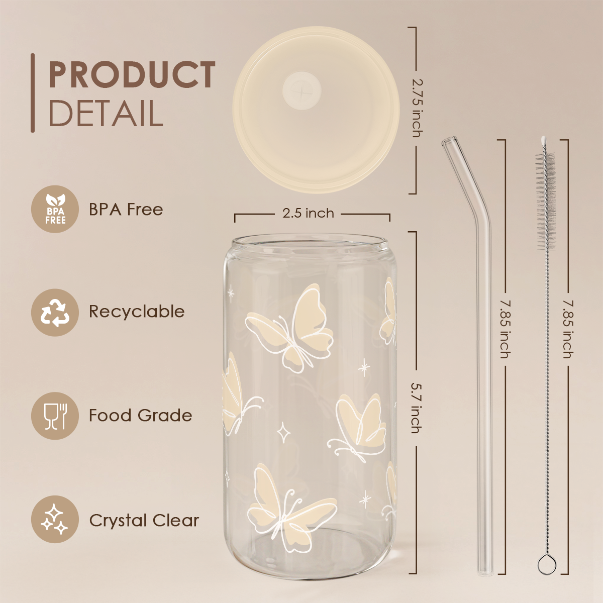 Butterfly GlassGlow | Glass Tumbler with Acrylic Lid 16oz