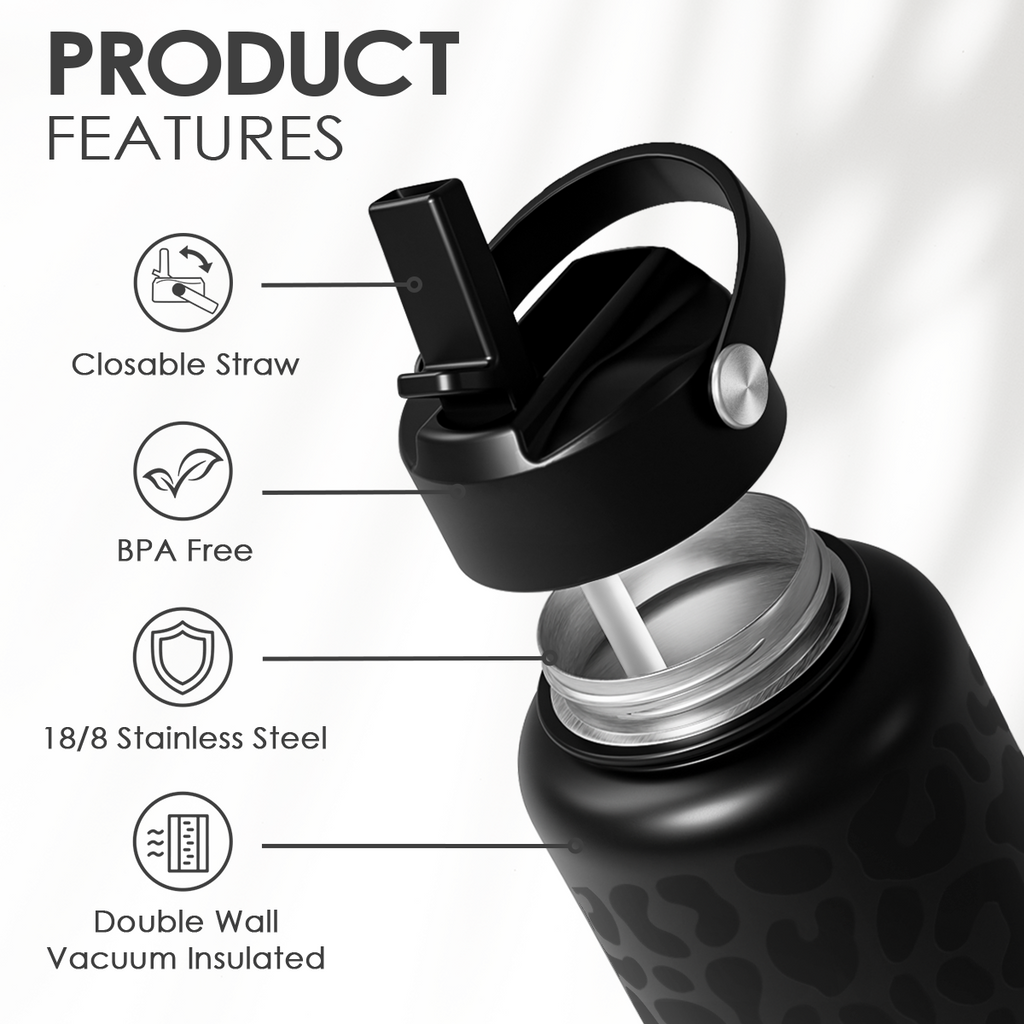 Black Leopard SipChic | Straw Lid Water Bottle 32oz