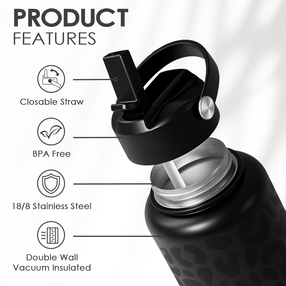 Black Leopard SipChic | Straw Lid Water Bottle 32oz