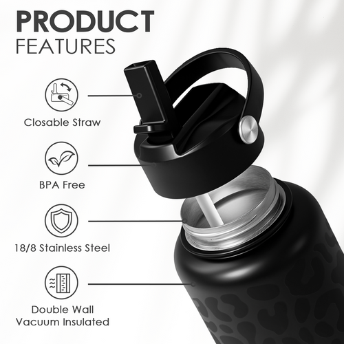 Black Leopard SipChic | Straw Lid Water Bottle 32oz