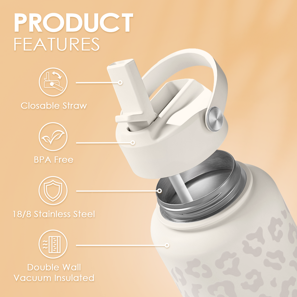 White Leopard SipChic | Straw Lid Water Bottle 32oz