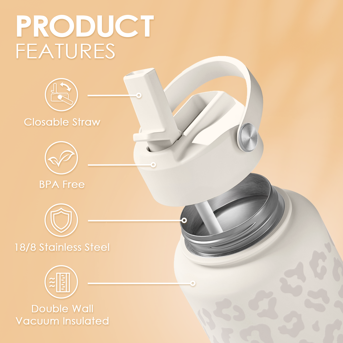 White Leopard SipChic | Straw Lid Water Bottle 32oz