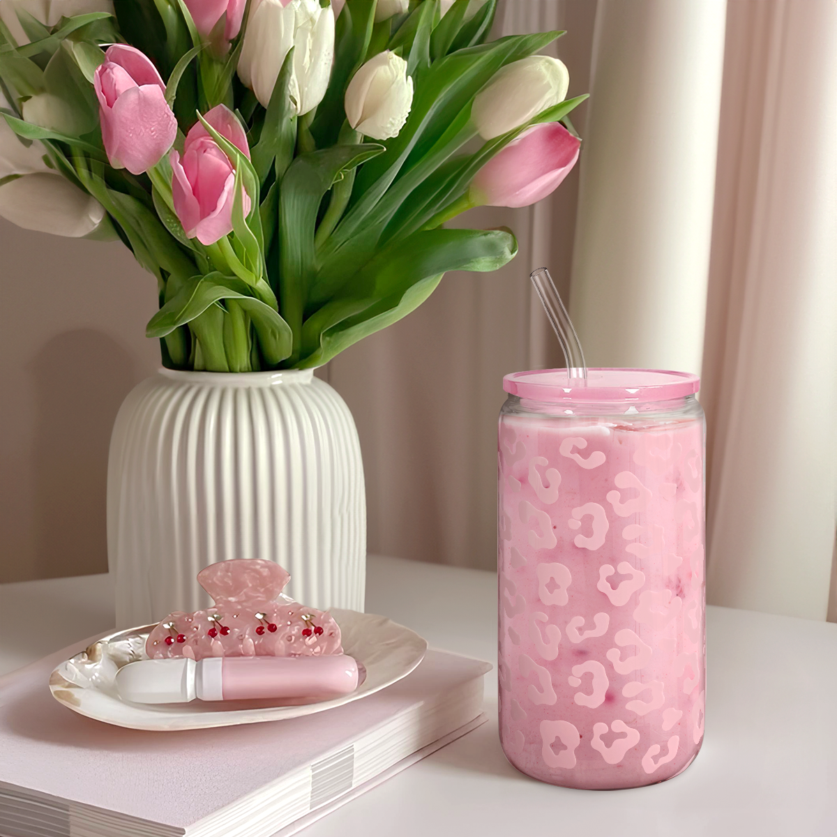 Leopard GlassGlow | Glass Tumbler with Acrylic Lid 16oz