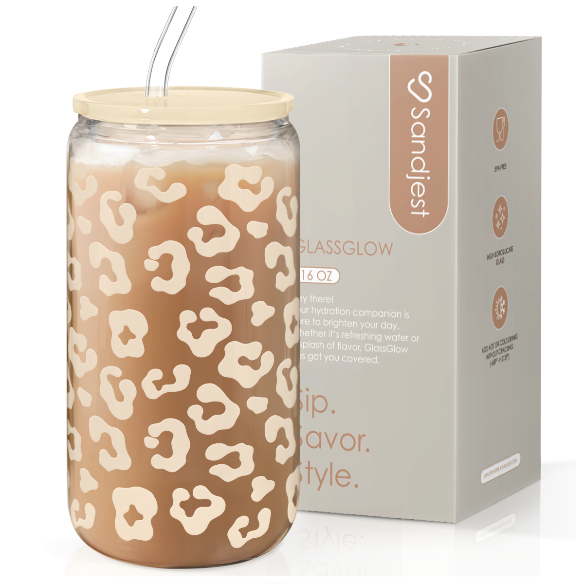 Leopard GlassGlow | Glass Tumbler with Acrylic Lid 16oz