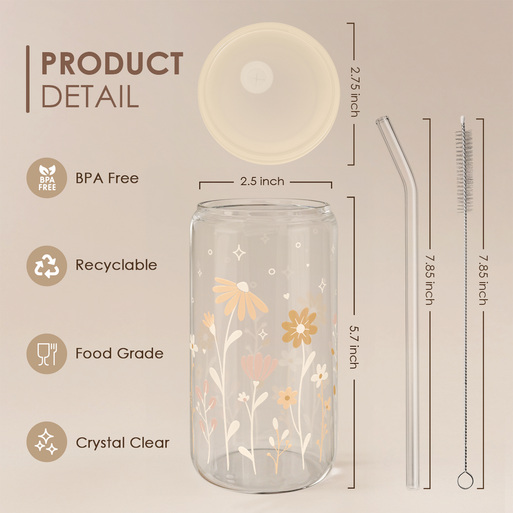 Floral GlassGlow | Glass Tumbler with Acrylic Lid 16oz