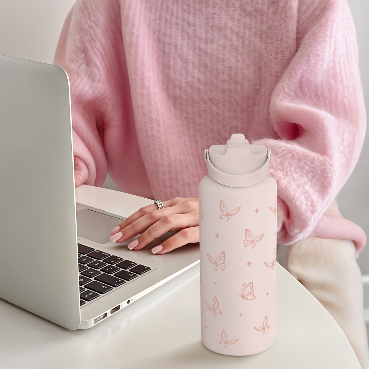 Pink Butterfly SipChic | Straw Lid Water Bottle 32oz