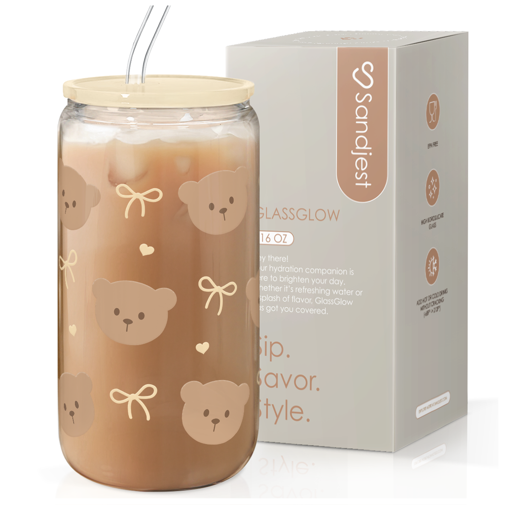 Bear GlassGlow | Glass Tumbler with Acrylic Lid 16oz