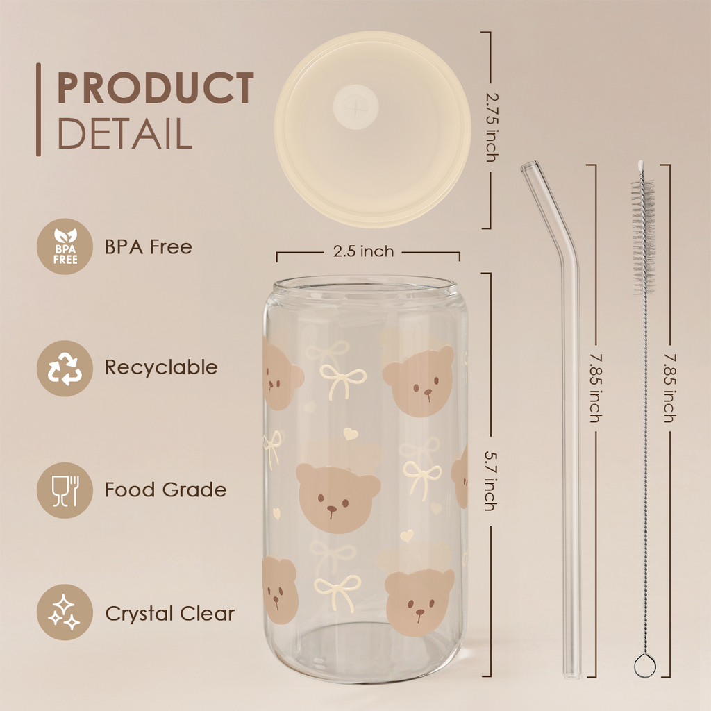 Bear GlassGlow | Glass Tumbler with Acrylic Lid 16oz