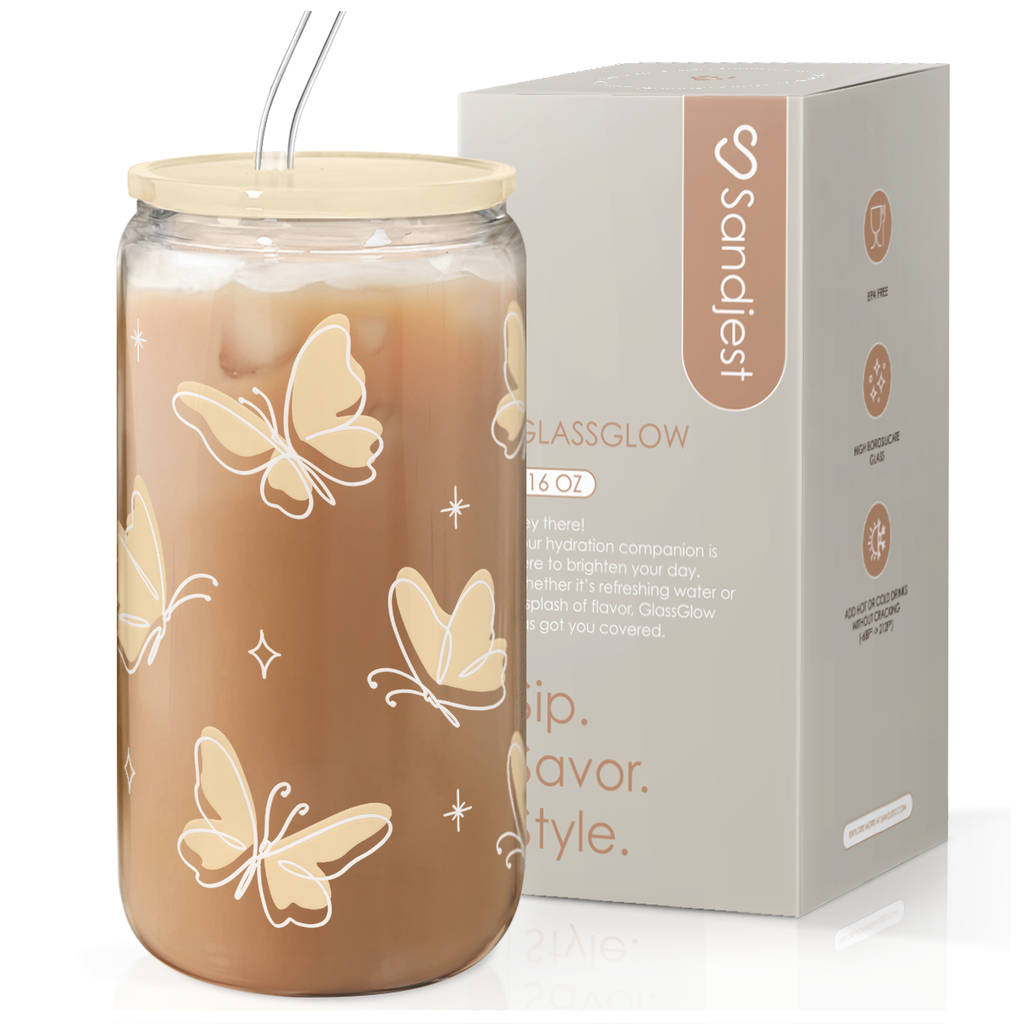 Butterfly GlassGlow | Glass Tumbler with Acrylic Lid 16oz