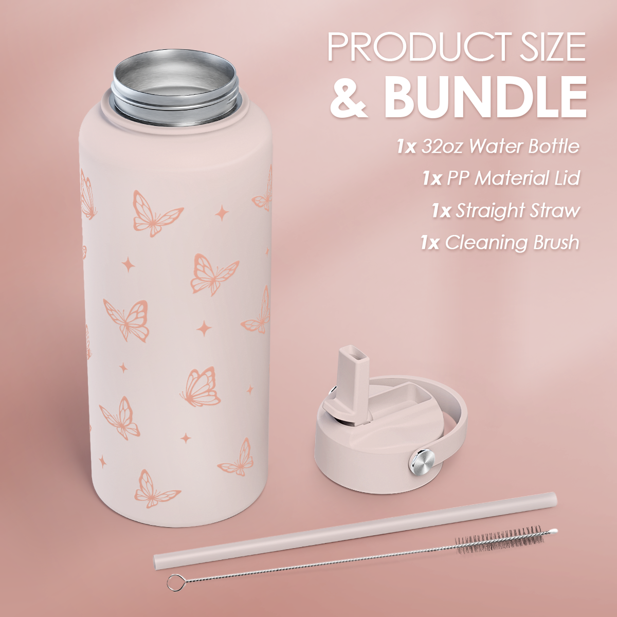 Pink Butterfly SipChic | Straw Lid Water Bottle 32oz
