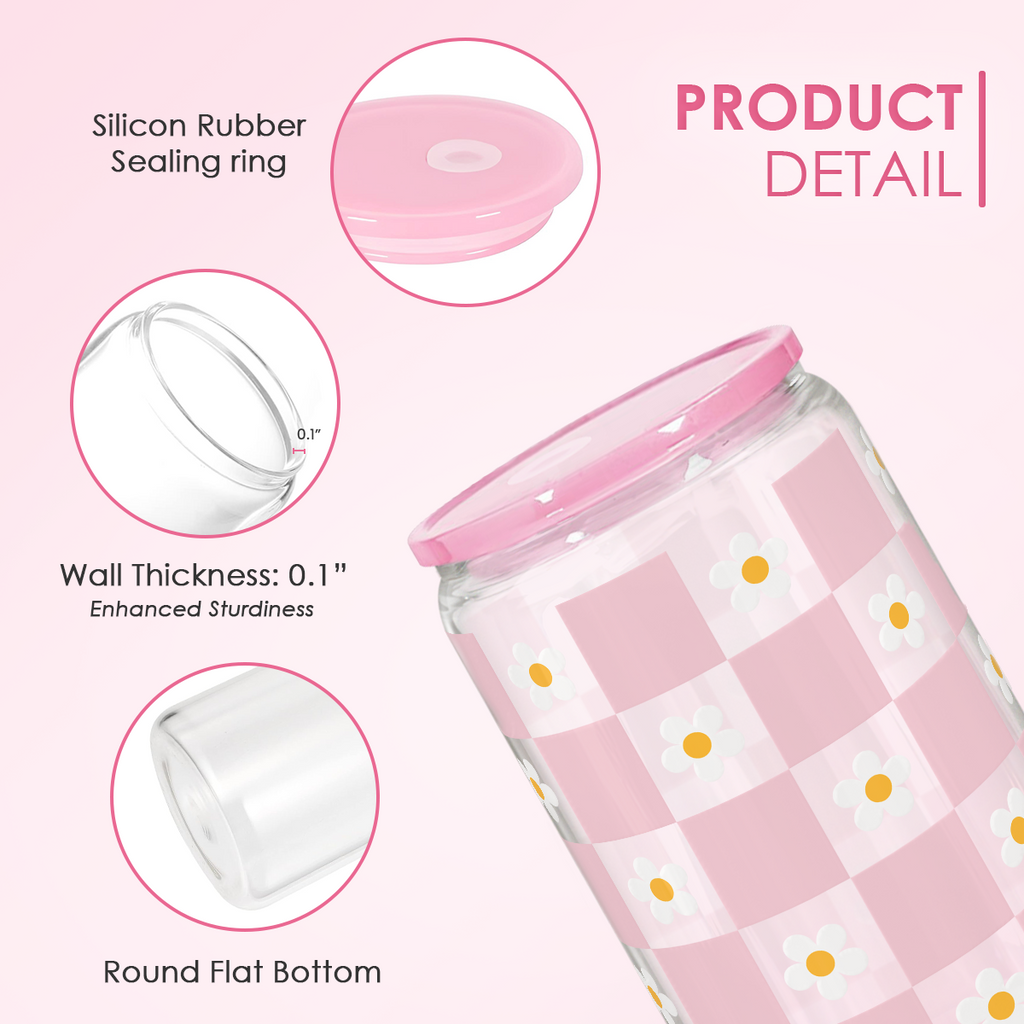 Checker Daisy GlassGlow | Glass Tumbler with Acrylic Lid 16oz