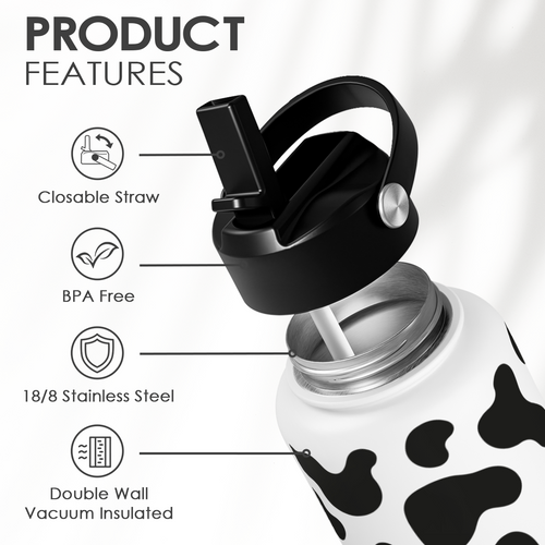 Black Cow Print SipChic | Straw Lid Water Bottle 32oz