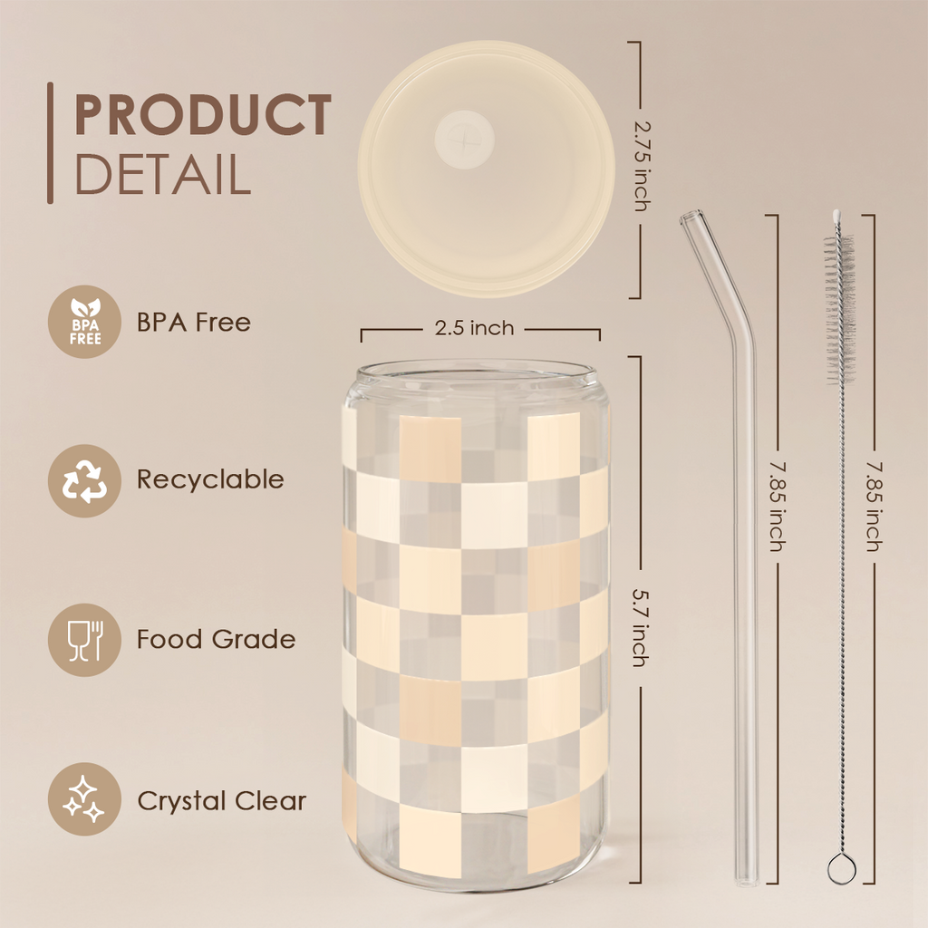 Checker GlassGlow | Glass Tumbler with Acrylic Lid 16oz