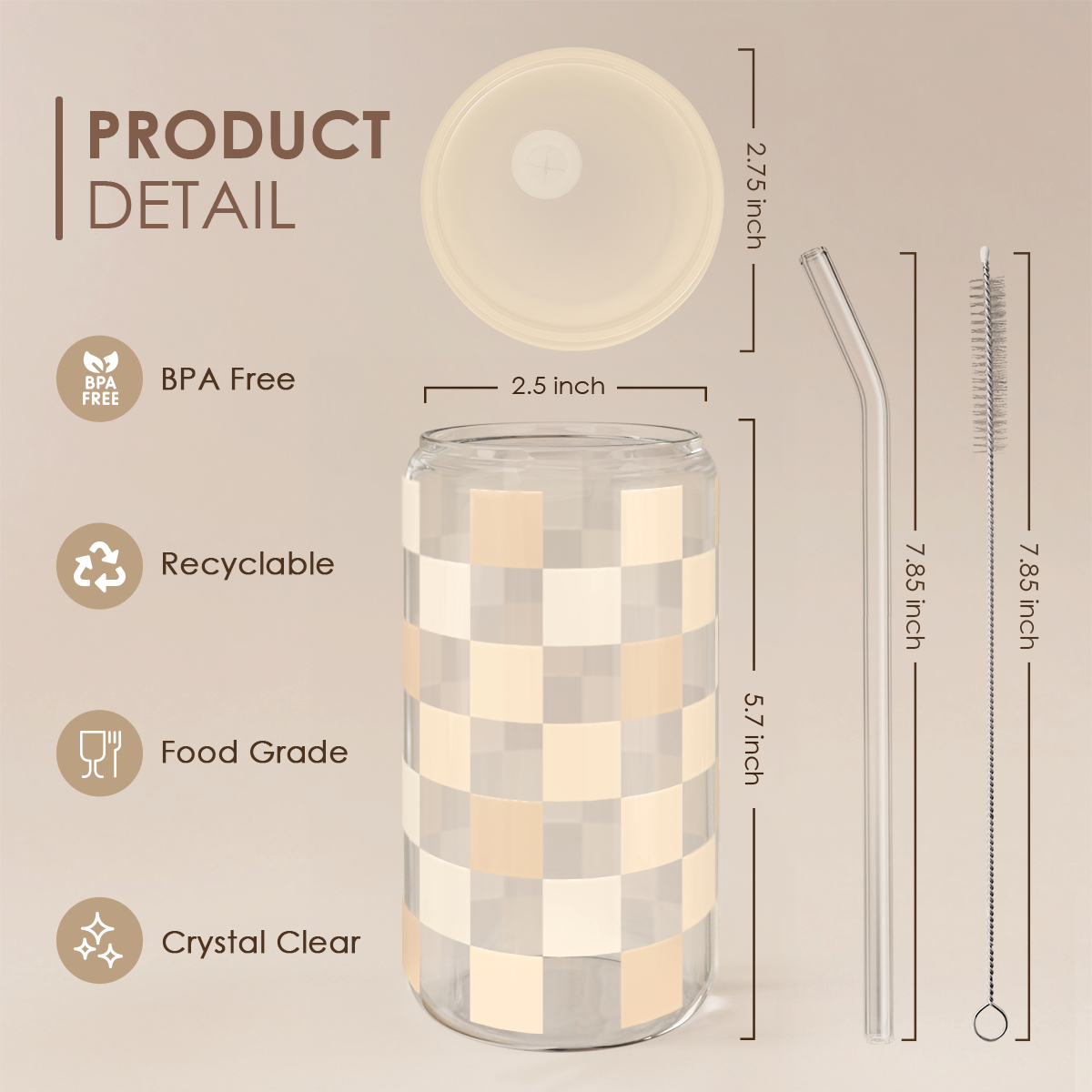 Checker GlassGlow | Glass Tumbler with Acrylic Lid 16oz