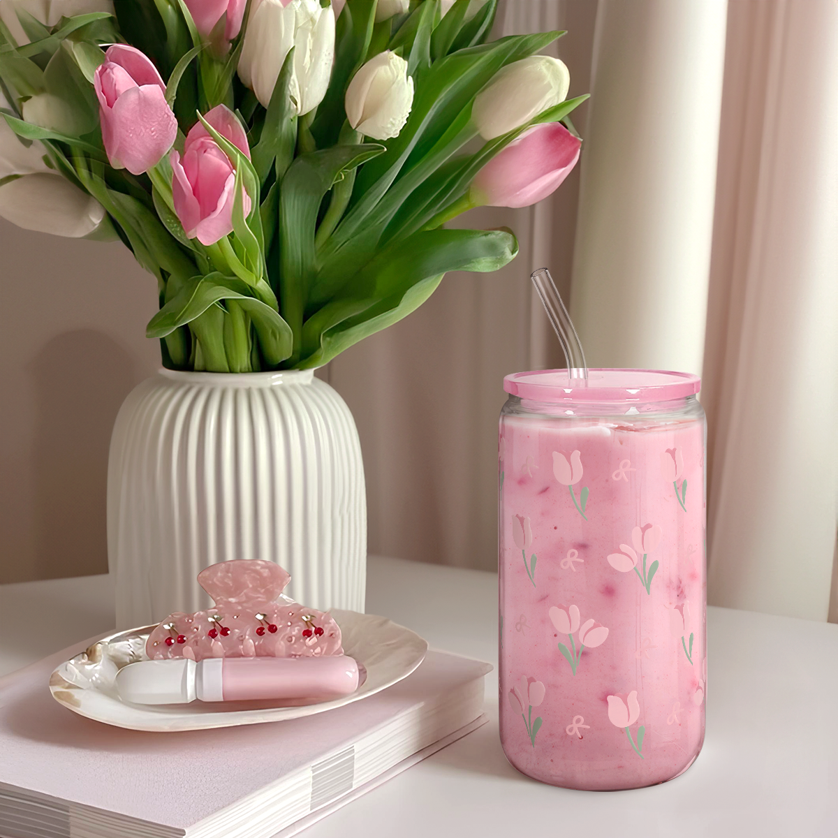 Tulip GlassGlow | Glass Tumbler with Acrylic Lid 16oz