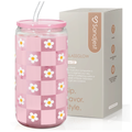 Checker Daisy GlassGlow | Glass Tumbler with Acrylic Lid 16oz