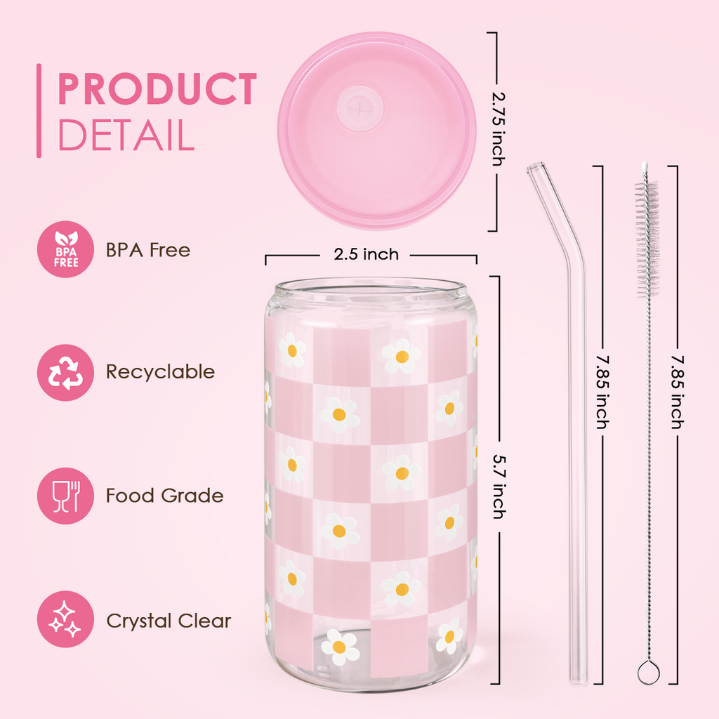 Checker Daisy GlassGlow | Glass Tumbler with Acrylic Lid 16oz